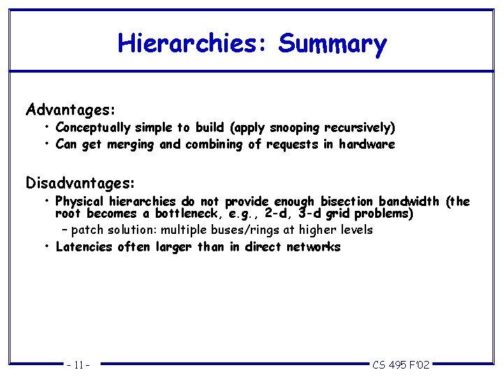 Hierarchies: Summary Advantages: • Conceptually simple to build (apply snooping recursively) • Can get