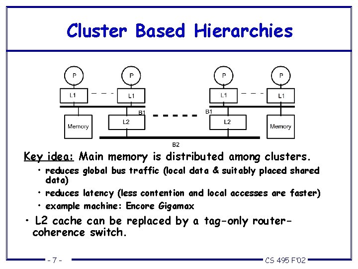 Cluster Based Hierarchies Key idea: Main memory is distributed among clusters. • reduces global