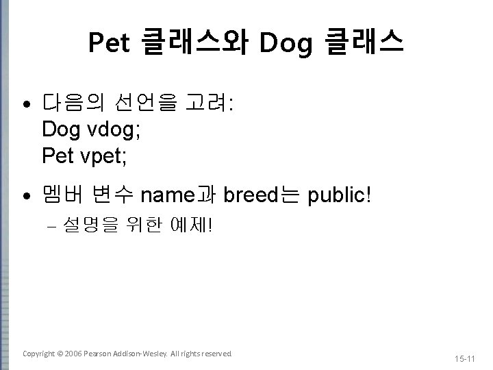 Pet 클래스와 Dog 클래스 · 다음의 선언을 고려: Dog vdog; Pet vpet; · 멤버