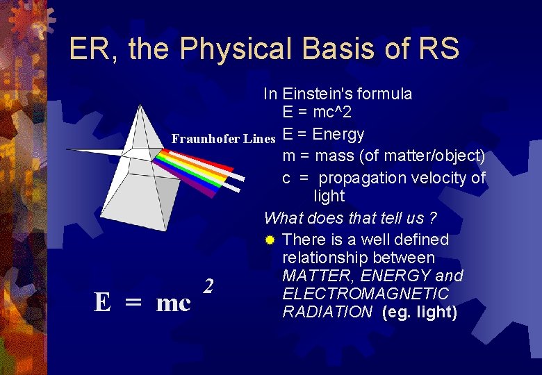 ER, the Physical Basis of RS In Einstein's formula E = mc^2 Fraunhofer Lines