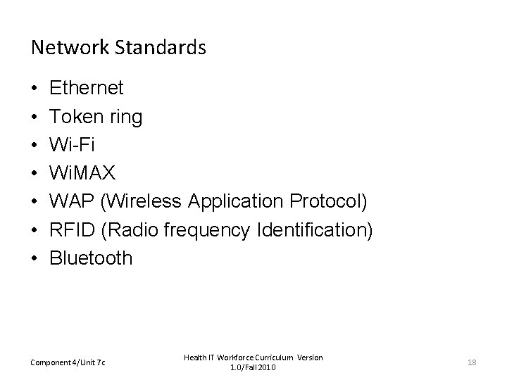 Network Standards • • Ethernet Token ring Wi-Fi Wi. MAX WAP (Wireless Application Protocol)