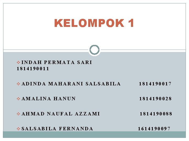 KELOMPOK 1 v. INDAH PERMATA SARI 1814190011 v. ADINDA MAHARANI SALSABILA 1814190017 v. AMALINA KELOMPOK 1 v. INDAH PERMATA SARI 1814190011 v. ADINDA MAHARANI SALSABILA 1814190017 v. AMALINA