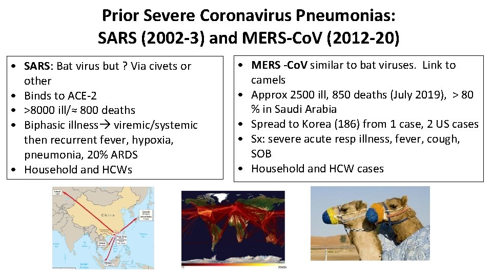 Prior Severe Coronavirus Pneumonias: SARS (2002 -3) and MERS-Co. V (2012 -20) • SARS: