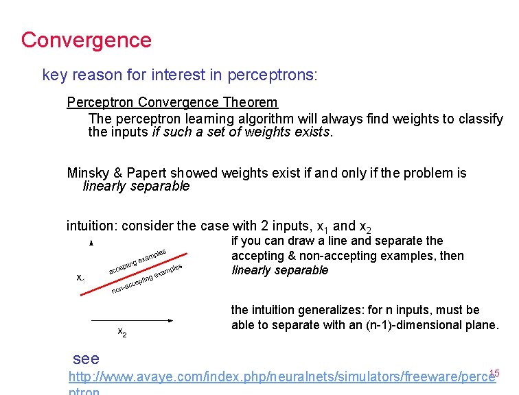 Convergence key reason for interest in perceptrons: Perceptron Convergence Theorem The perceptron learning algorithm