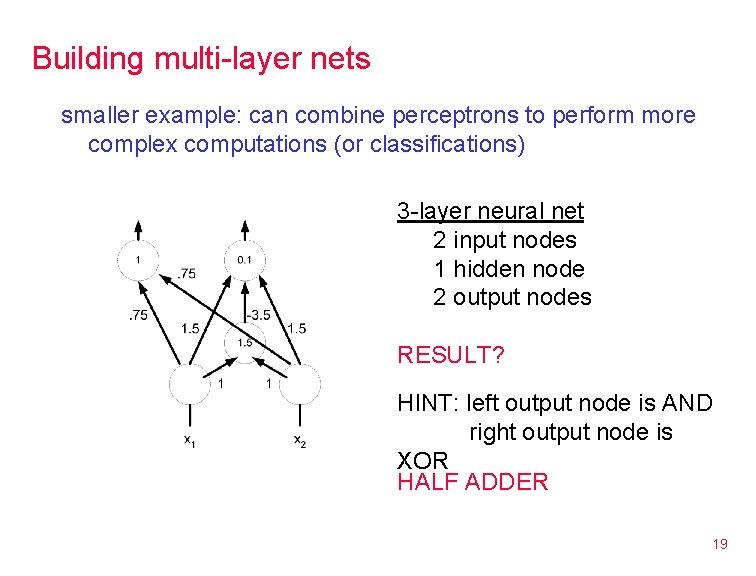 Building multi-layer nets smaller example: can combine perceptrons to perform more complex computations (or