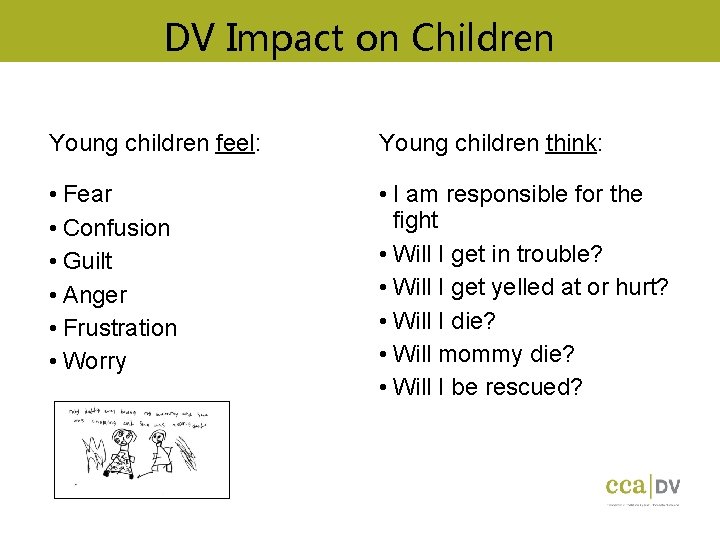 DV Impact on Children Young children feel: Young children think: • Fear • Confusion