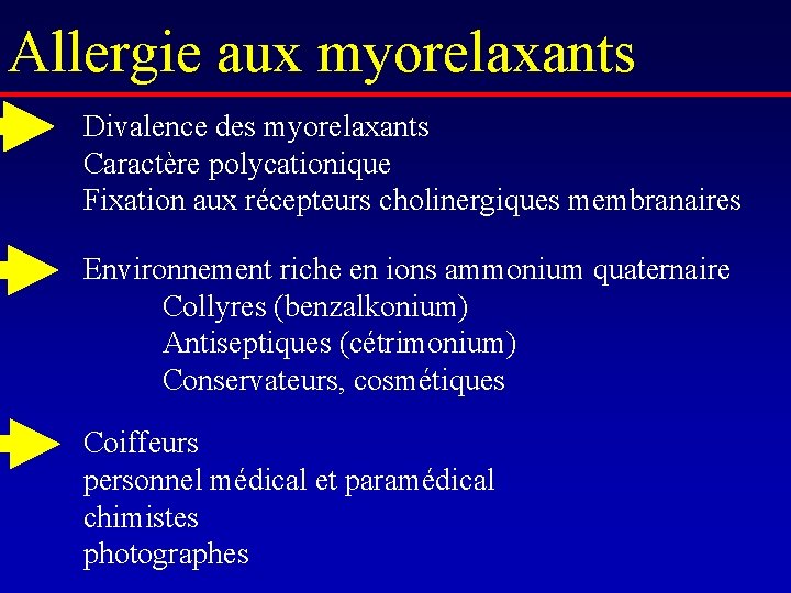 Allergie aux myorelaxants Divalence des myorelaxants Caractère polycationique Fixation aux récepteurs cholinergiques membranaires Environnement
