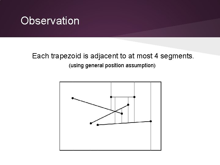 Observation Each trapezoid is adjacent to at most 4 segments. (using general position assumption)