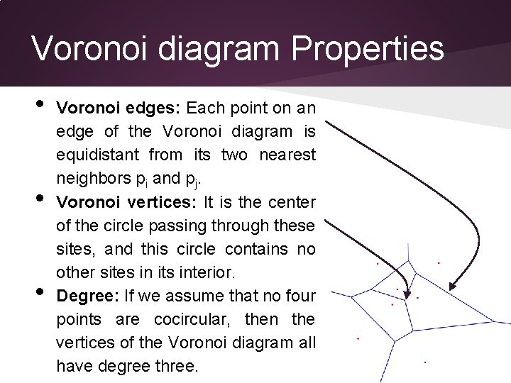 Voronoi diagram Properties • • • Voronoi edges: Each point on an edge of