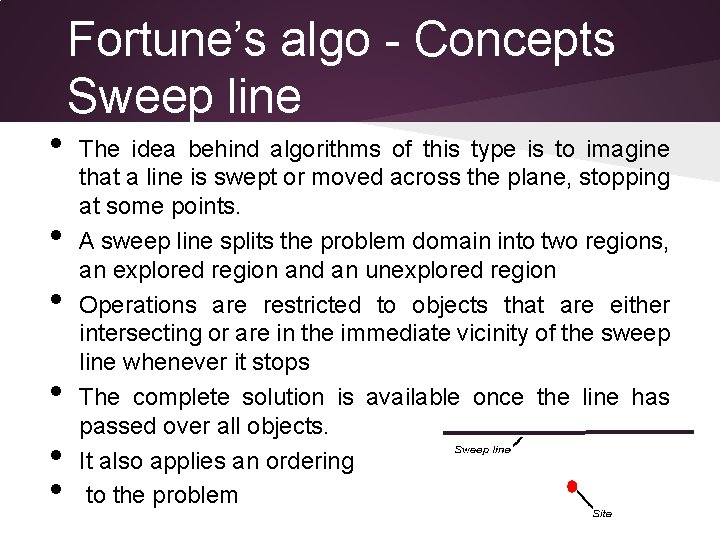  • • • Fortune’s algo - Concepts Sweep line The idea behind algorithms