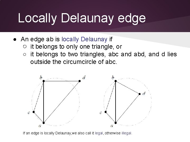 Locally Delaunay edge ● An edge ab is locally Delaunay if ○ it belongs