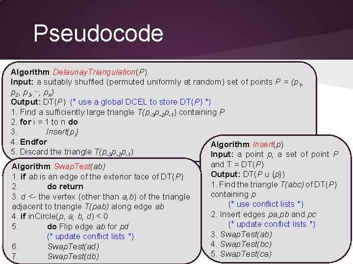 Pseudocode Algorithm Delaunay. Triangulation(P) Input: a suitably shuffled (permuted uniformly at random) set of