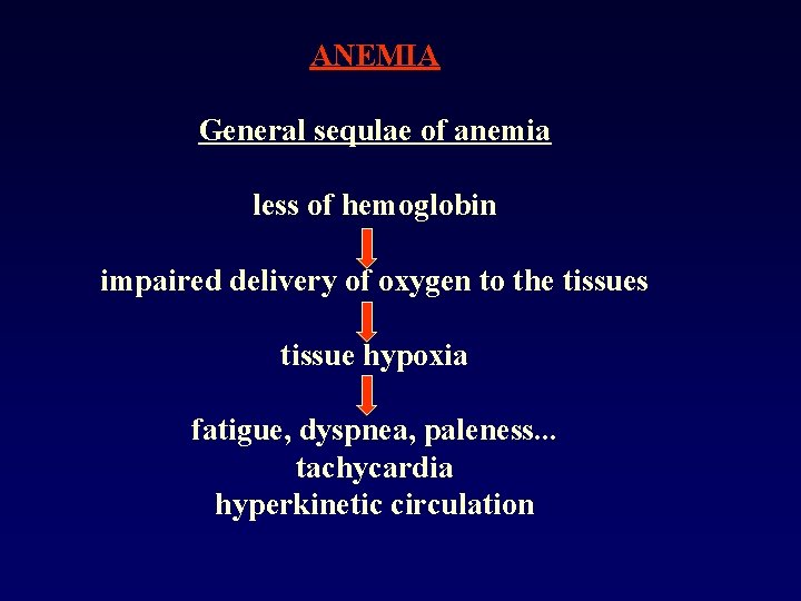 ANEMIA General sequlae of anemia less of hemoglobin impaired delivery of oxygen to the