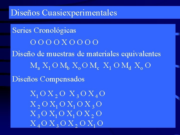 Diseños Cuasiexperimentales Series Cronológicas OOOOXOOOO Diseño de muestras de materiales equivalentes Ma X 1