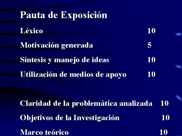 Pauta de Exposición Léxico 10 Motivación generada 5 Síntesis y manejo de ideas 10