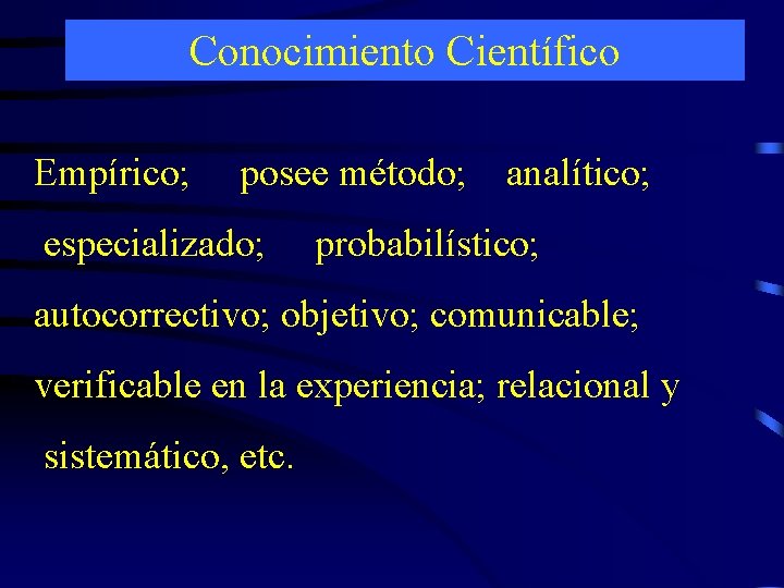 Conocimiento Científico Empírico; posee método; especializado; analítico; probabilístico; autocorrectivo; objetivo; comunicable; verificable en la