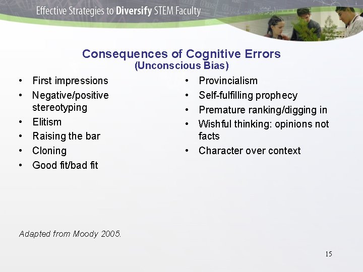 Consequences of Cognitive Errors (Unconscious Bias) • First impressions • Negative/positive stereotyping • Elitism