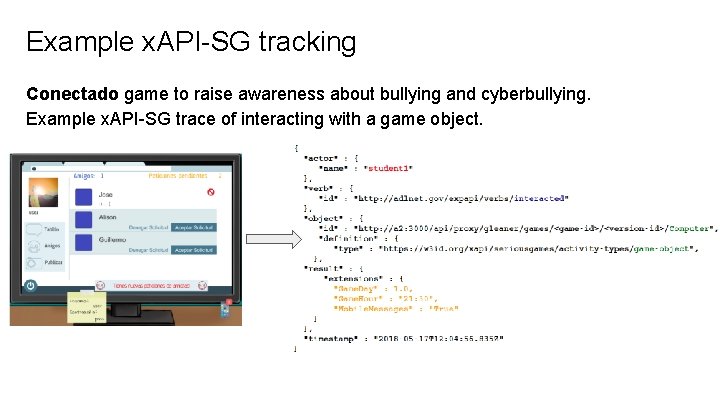 Example x. API-SG tracking Conectado game to raise awareness about bullying and cyberbullying. Example