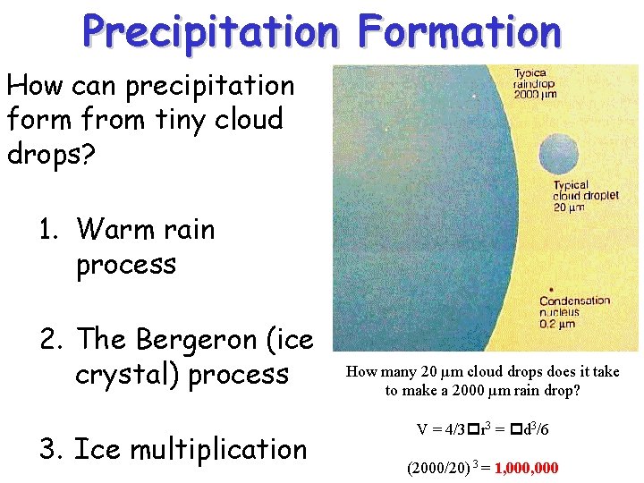 Precipitation Formation How can precipitation form from tiny cloud drops? 1. Warm rain process