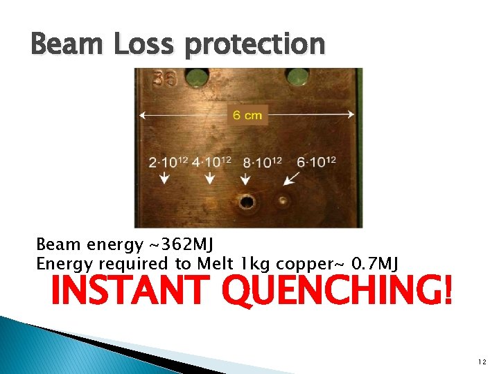 Beam Loss protection Beam energy ~362 MJ Energy required to Melt 1 kg copper~