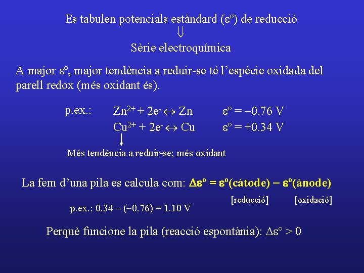 Es tabulen potencials estàndard (eº) de reducció ß Sèrie electroquímica A major eº, major