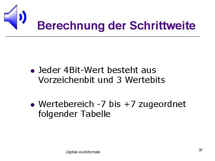 Berechnung der Schrittweite l l Jeder 4 Bit-Wert besteht aus Vorzeichenbit und 3 Wertebits