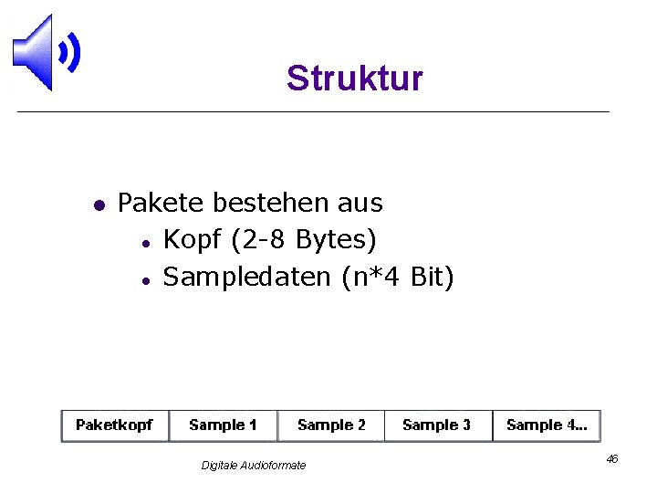 Struktur l Pakete bestehen aus l Kopf (2 -8 Bytes) l Sampledaten (n*4 Bit)