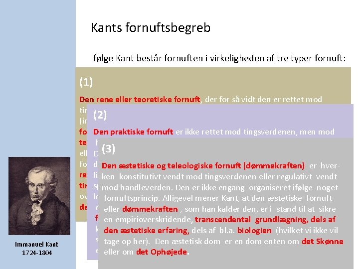 Kants fornuftsbegreb Ifølge Kant består fornuften i virkeligheden af tre typer fornuft: (1) Immanuel Kants fornuftsbegreb Ifølge Kant består fornuften i virkeligheden af tre typer fornuft: (1) Immanuel