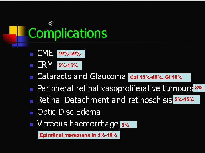 10%-50% 5%-15% Cat 15%-60%, Gl 10% 8% 5%-15% 5% Epiretinal membrane in 5%-10% 