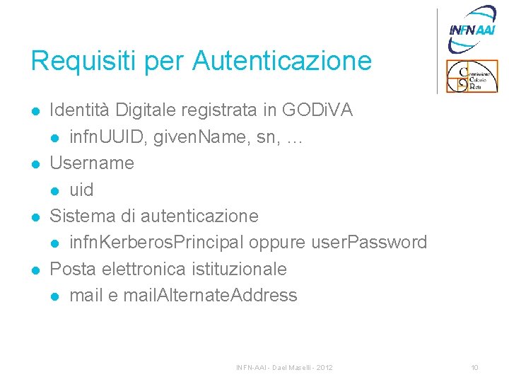 Requisiti per Autenticazione l l Identità Digitale registrata in GODi. VA l infn. UUID,