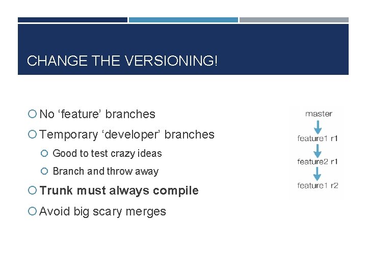 CHANGE THE VERSIONING! No ‘feature’ branches Temporary ‘developer’ branches Good to test crazy ideas