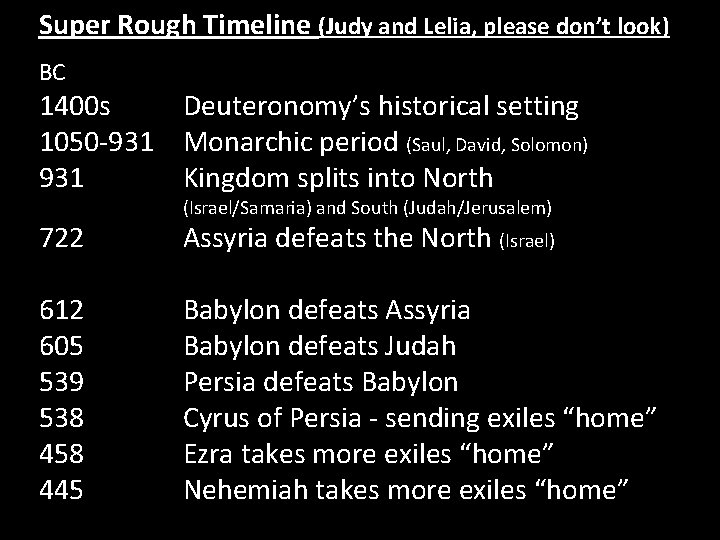 Super Rough Timeline (Judy and Lelia, please don’t look) BC 1400 s Deuteronomy’s historical