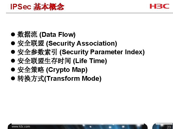 IPSec 基本概念 l 数据流 (Data Flow) l 安全联盟 (Security Association) l 安全参数索引 (Security Parameter