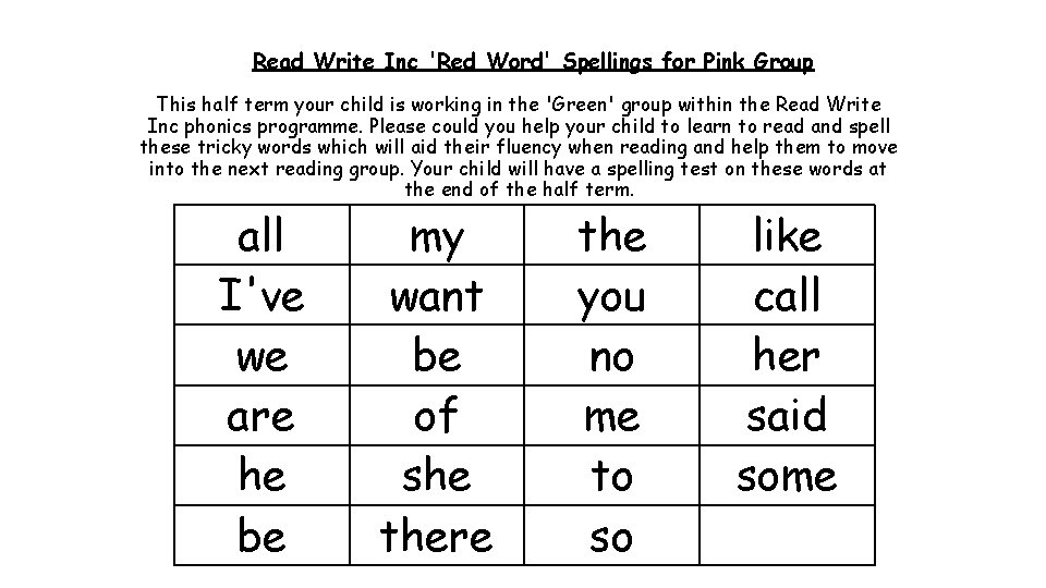 Read Write Inc 'Red Word' Spellings for Pink Group This half term your child Read Write Inc 'Red Word' Spellings for Pink Group This half term your child