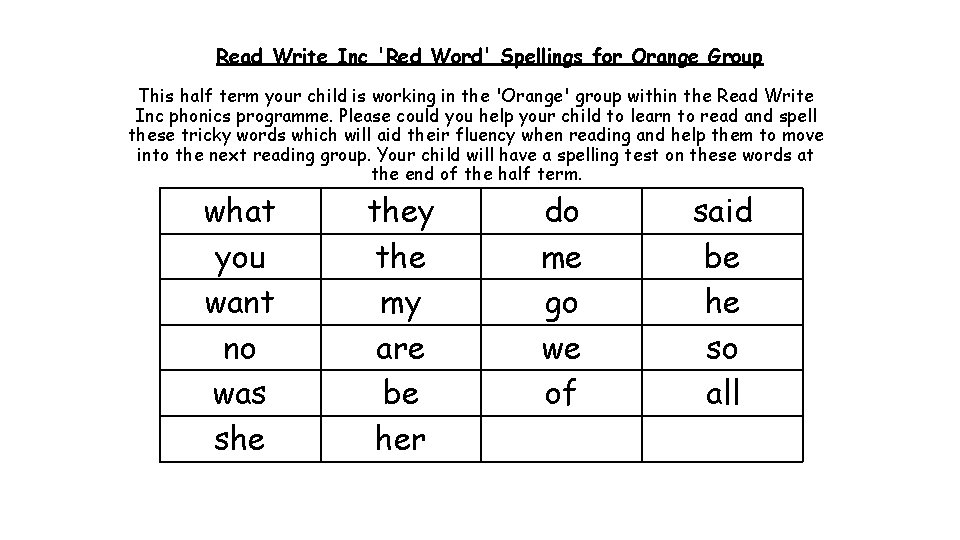 Read Write Inc 'Red Word' Spellings for Orange Group This half term your child Read Write Inc 'Red Word' Spellings for Orange Group This half term your child