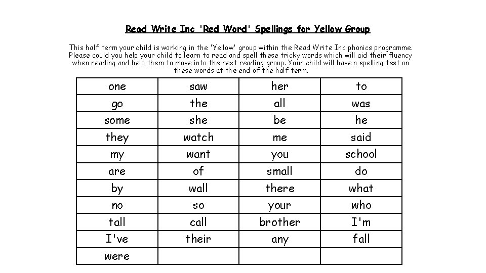 Read Write Inc 'Red Word' Spellings for Yellow Group This half term your child Read Write Inc 'Red Word' Spellings for Yellow Group This half term your child