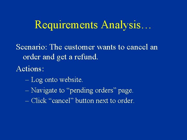 Requirements Analysis… Scenario: The customer wants to cancel an order and get a refund.