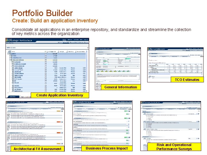Portfolio Builder Create: Build an application inventory Consolidate all applications in an enterprise repository,