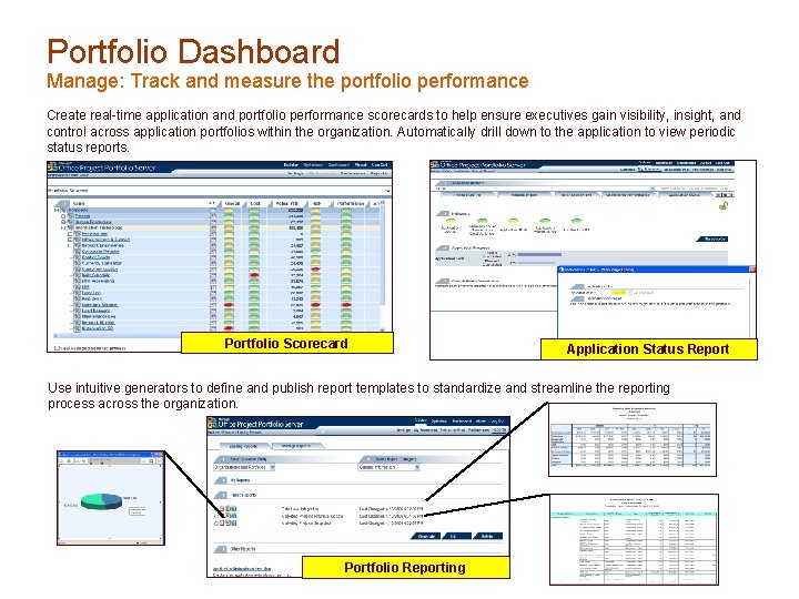 Portfolio Dashboard Manage: Track and measure the portfolio performance Create real-time application and portfolio