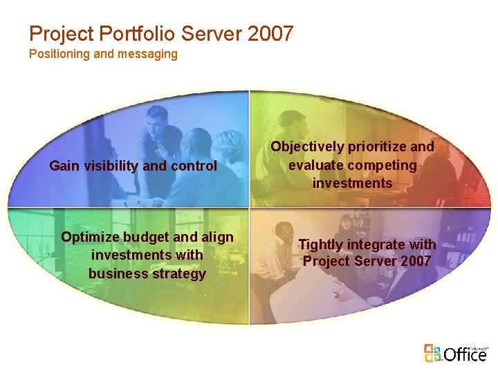 Project Portfolio Server 2007 Positioning and messaging Gain visibility and control Optimize budget and
