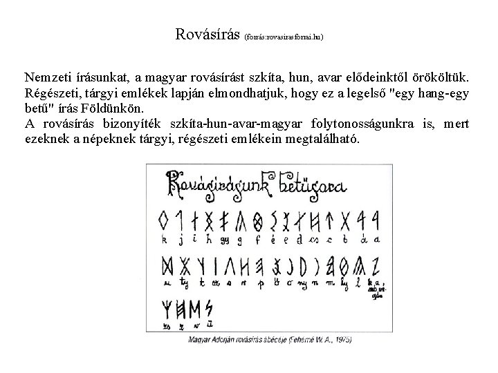 Rovásírás (forrás: rovasirasforrai. hu) Nemzeti írásunkat, a magyar rovásírást szkíta, hun, avar elődeinktől örököltük.