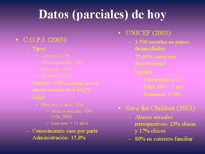 Datos (parciales) de hoy • C. G. P. J. (2003): – Tipos: • • Datos (parciales) de hoy • C. G. P. J. (2003): – Tipos: • •