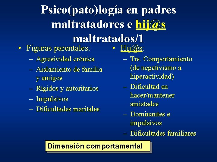 Psico(pato)logía en padres maltratadores e hij@s maltratados/1 • Figuras parentales: – Agresividad crónica – Psico(pato)logía en padres maltratadores e hij@s maltratados/1 • Figuras parentales: – Agresividad crónica –