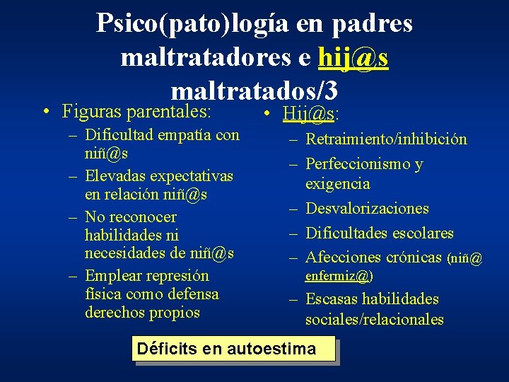 Psico(pato)logía en padres maltratadores e hij@s maltratados/3 • Figuras parentales: – Dificultad empatía con Psico(pato)logía en padres maltratadores e hij@s maltratados/3 • Figuras parentales: – Dificultad empatía con