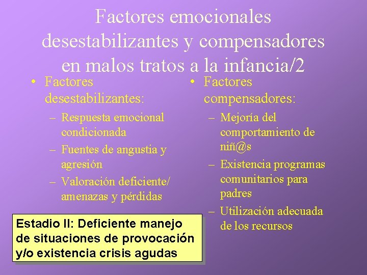 Factores emocionales desestabilizantes y compensadores en malos tratos a la infancia/2 • Factores desestabilizantes: Factores emocionales desestabilizantes y compensadores en malos tratos a la infancia/2 • Factores desestabilizantes: