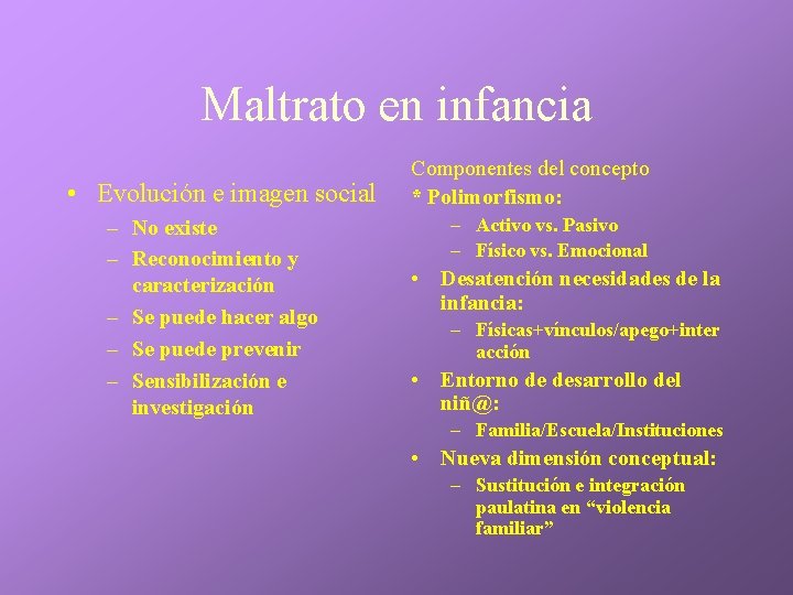 Maltrato en infancia • Evolución e imagen social – No existe – Reconocimiento y Maltrato en infancia • Evolución e imagen social – No existe – Reconocimiento y