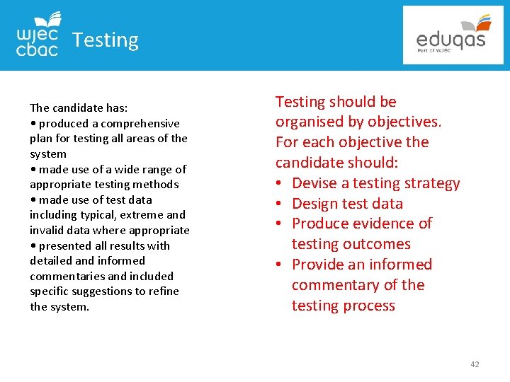 Testing The candidate has: • produced a comprehensive plan for testing all areas of