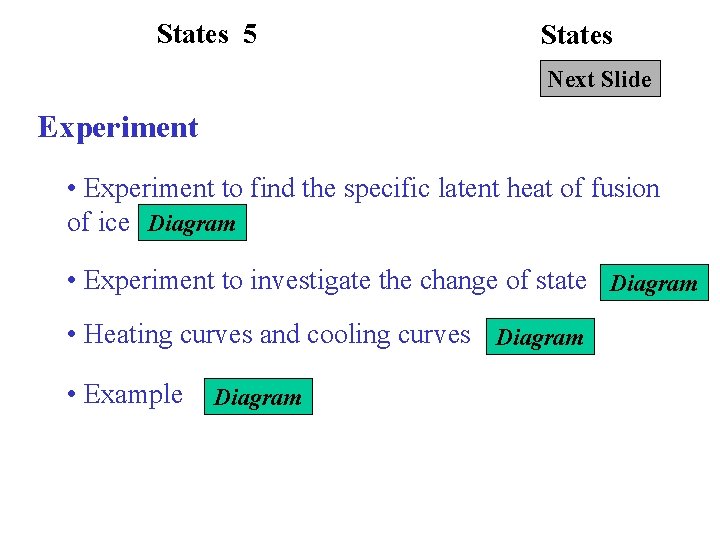 States 5 States Next Slide Experiment • Experiment to find the specific latent heat