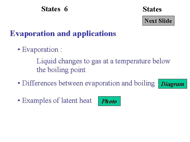 States 6 States Next Slide Evaporation and applications • Evaporation : Liquid changes to