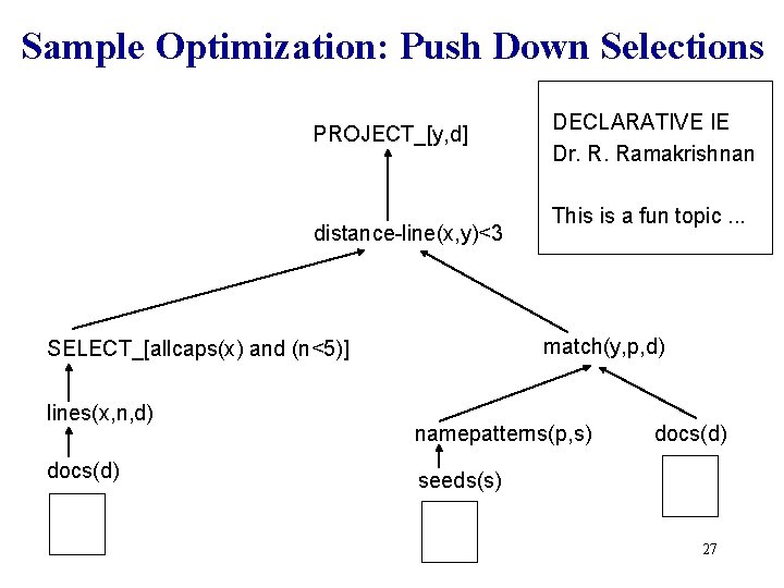 Sample Optimization: Push Down Selections PROJECT_[y, d] distance-line(x, y)<3 docs(d) This is a fun